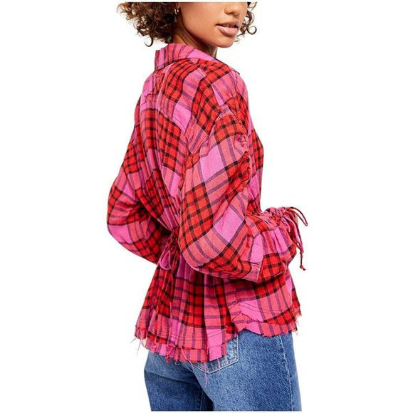 We The Free Red Button Down Shirt with Notched Collar and Ruched Sleeves - Picture 2 of 2